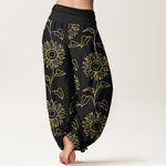 Buddha Stones Cotton Gold Sunflower Line Art Pattern Women's Elastic Waist Harem Pants