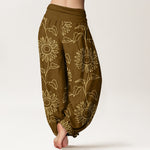 Buddha Stones Cotton Gold Sunflower Line Art Pattern Women's Elastic Waist Harem Pants