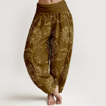 Buddha Stones Cotton Gold Sunflower Line Art Pattern Women's Elastic Waist Harem Pants