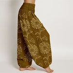 Buddha Stones Cotton Gold Sunflower Line Art Pattern Women's Elastic Waist Harem Pants