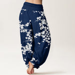 Buddha Stones Pure Cotton White Blossom Branch Pattern Women's Elastic Waist Harem Pants