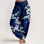 Buddha Stones Pure Cotton White Blossom Branch Pattern Women's Elastic Waist Harem Pants