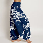 Buddha Stones Pure Cotton White Blossom Branch Pattern Women's Elastic Waist Harem Pants