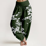 Buddha Stones Pure Cotton White Blossom Branch Pattern Women's Elastic Waist Harem Pants