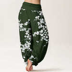 Buddha Stones Pure Cotton White Blossom Branch Pattern Women's Elastic Waist Harem Pants