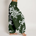 Buddha Stones Pure Cotton White Blossom Branch Pattern Women's Elastic Waist Harem Pants
