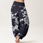 Buddha Stones Pure Cotton White Blossom Branch Pattern Women's Elastic Waist Harem Pants