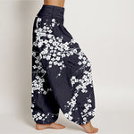 Buddha Stones Pure Cotton White Blossom Branch Pattern Women's Elastic Waist Harem Pants