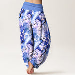 Buddha Stones Pure Cotton Watercolor Floral Pattern Women's Elastic Waist Harem Pants