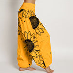 Buddha Stones Pure Cotton Sunflower Bloom Pattern Women's Elastic Waist Harem Pants