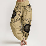 Buddha Stones Pure Cotton Sunflower Bloom Pattern Women's Elastic Waist Harem Pants