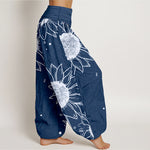 Buddha Stones Pure Cotton Sunflower Bloom Pattern Women's Elastic Waist Harem Pants