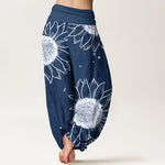 Buddha Stones Pure Cotton Sunflower Bloom Pattern Women's Elastic Waist Harem Pants