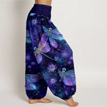 Buddha Stones Cotton Dreamy Dragonfly Flower Pattern Women's Elastic Waist Harem Pants