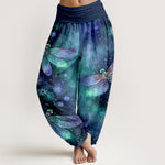 Buddha Stones Cotton Dreamy Dragonfly Flower Pattern Women's Elastic Waist Harem Pants