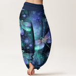 Buddha Stones Cotton Dreamy Dragonfly Flower Pattern Women's Elastic Waist Harem Pants