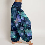 Buddha Stones Cotton Dreamy Dragonfly Flower Pattern Women's Elastic Waist Harem Pants