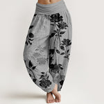 Buddha Stones Cotton Vintage Rose Pattern Women's Elastic Waist Harem Pants