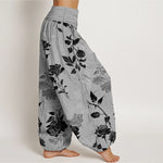 Buddha Stones Cotton Vintage Rose Pattern Women's Elastic Waist Harem Pants