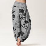 Buddha Stones Cotton Vintage Rose Pattern Women's Elastic Waist Harem Pants