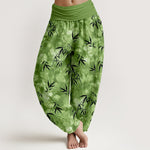 Buddha Stones Pure Cotton Black Bamboo Leaf Pattern Women's Elastic Waist Harem Pants