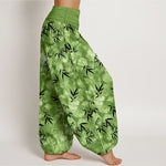 Buddha Stones Pure Cotton Black Bamboo Leaf Pattern Women's Elastic Waist Harem Pants