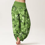 Buddha Stones Pure Cotton Black Bamboo Leaf Pattern Women's Elastic Waist Harem Pants