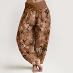 Buddha Stones Pure Cotton Black Bamboo Leaf Pattern Women's Elastic Waist Harem Pants