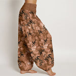 Buddha Stones Pure Cotton Black Bamboo Leaf Pattern Women's Elastic Waist Harem Pants