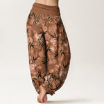 Buddha Stones Pure Cotton Black Bamboo Leaf Pattern Women's Elastic Waist Harem Pants