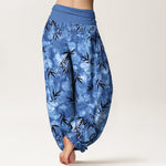 Buddha Stones Pure Cotton Black Bamboo Leaf Pattern Women's Elastic Waist Harem Pants