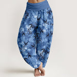 Buddha Stones Pure Cotton Black Bamboo Leaf Pattern Women's Elastic Waist Harem Pants