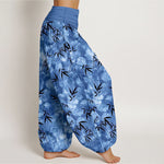 Buddha Stones Pure Cotton Black Bamboo Leaf Pattern Women's Elastic Waist Harem Pants