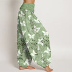 Buddha Stones Cotton White Butterfly Floral Pattern Women's Elastic Waist Harem Pants
