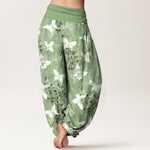 Buddha Stones Cotton White Butterfly Floral Pattern Women's Elastic Waist Harem Pants
