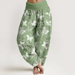 Buddha Stones Cotton White Butterfly Floral Pattern Women's Elastic Waist Harem Pants