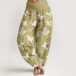 Buddha Stones Cotton White Butterfly Floral Pattern Women's Elastic Waist Harem Pants