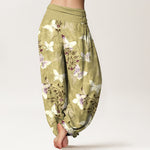 Buddha Stones Cotton White Butterfly Floral Pattern Women's Elastic Waist Harem Pants