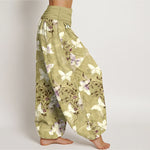 Buddha Stones Cotton White Butterfly Floral Pattern Women's Elastic Waist Harem Pants