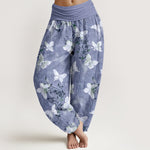 Buddha Stones Cotton White Butterfly Floral Pattern Women's Elastic Waist Harem Pants