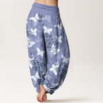 Buddha Stones Cotton White Butterfly Floral Pattern Women's Elastic Waist Harem Pants