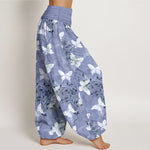 Buddha Stones Cotton White Butterfly Floral Pattern Women's Elastic Waist Harem Pants