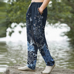 Buddha Stones Cotton White Floral Cloud Pattern Men's Tapered Pants With Pockets