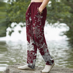Buddha Stones Cotton White Floral Cloud Pattern Men's Tapered Pants With Pockets