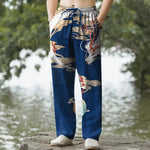 Buddha Stones Cotton White Dragon Cloud Pattern Men's Tapered Pants With Pockets