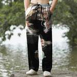 Buddha Stones Cotton White Dragon Cloud Pattern Men's Tapered Pants With Pockets