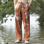 Buddha Stones Cotton White Dragon Cloud Pattern Men's Tapered Pants With Pockets