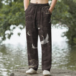 Buddha Stones Cotton White Crane Gold Wave Pattern Men's Tapered Pants With Pockets