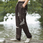 Buddha Stones Cotton White Crane Gold Wave Pattern Men's Tapered Pants With Pockets