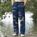 Buddha Stones Cotton White Crane Gold Wave Pattern Men's Tapered Pants With Pockets